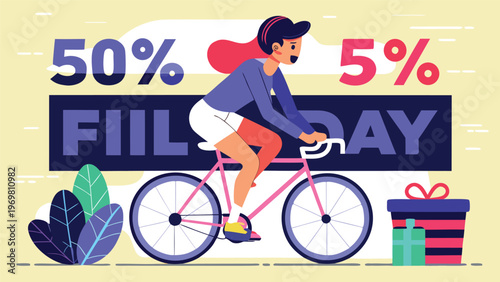 Young woman cycling with backpack through lively city street colorful flat-style illustration with promotional signs