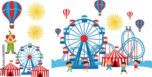 Colorful amusement park carnival scene with ferris wheel roller coaster circus tents hot air balloons and happy kids cartoon vector illustration set