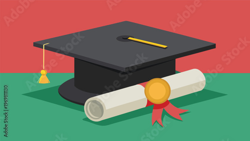 A graduation cap and a diploma with a red ribbon and gold seal rest on a green surface, set against a red and green background, symbolizing academic achievement and commencement