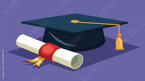 A graduation cap and a diploma with a red ribbon and gold seal rest on a green surface, set against a red and green background, symbolizing academic achievement and commencement