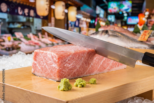 Sharp Japanese knife resting on a premium block of fresh raw fatty tuna with wasabi on a wooden board at a bustling authentic Asian seafood market.
