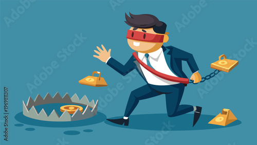 A blindfolded businessman in a suit, tied to a chain, runs towards a bear trap baited with a gold coin, symbolizing financial risk and perilous business decisions