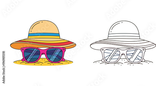 Summer beach accessories set with a straw sun hat and pink sunglasses on sand, featuring a colorful vector illustration and a black and white line art version for coloring book pages.