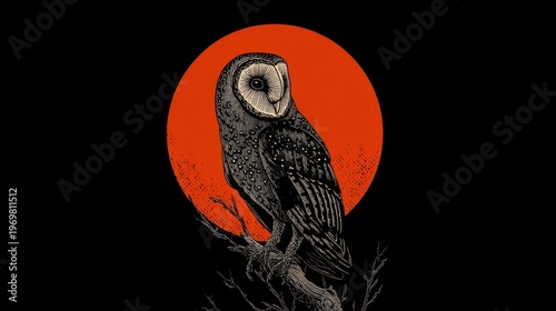 Owl sits on branch with red moon