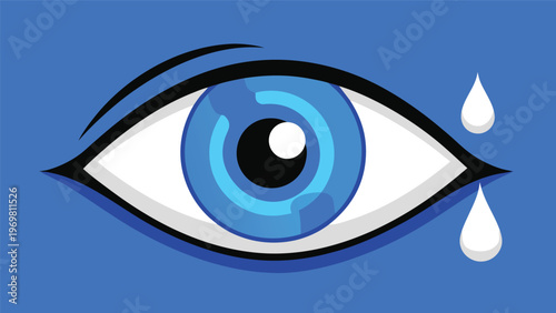 A stylized blue eye with a single tear rolling down, set against a yellow-orange background, conveying emotion and sadness
