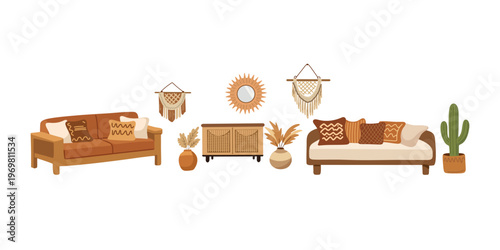 relaxed boho lounge room natural textures two comfy sofas arrangement