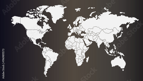 High contrast white world map illustration with defined country borders on dark gradient background