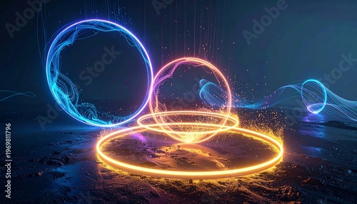 Holographic rings and glowing data arcs hovering in a dark environment with soft particle motion
