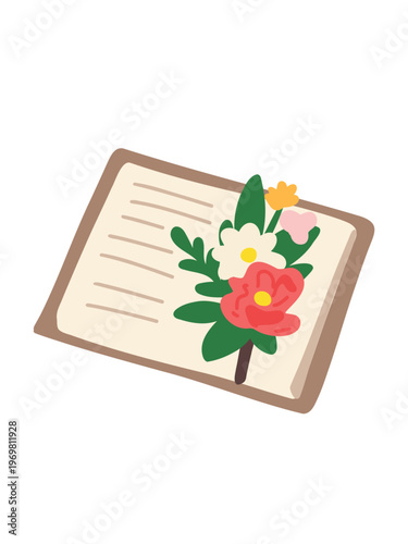 elegant floral boutonniere on notebook isolated vector illustration