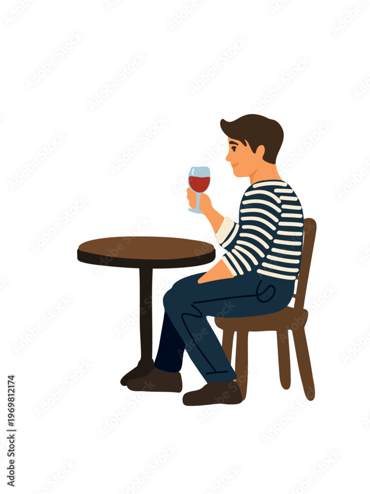 Fototapeta premium man sitting at table with glass of red wine vector illustration