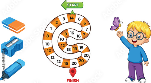 Kids board game spiral path with start and finish, school stationery items and happy boy with butterfly cartoon vector illustration