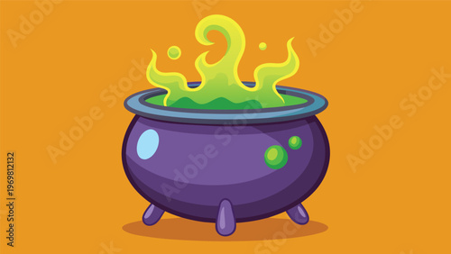 A bubbling cauldron filled with glowing green liquid, surrounded by flames and stars, evoking a magical or Halloween theme