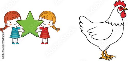 Cute cartoon girls holding star and farm chicken hen character simple kids illustration isolated vector set