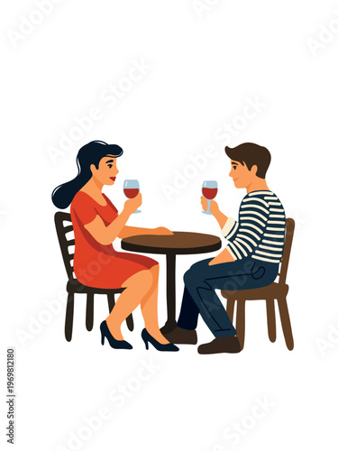 romantic couple sitting at table with glass of red wine vector illustration