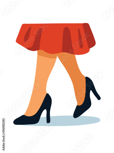 female feet in black heels and red dress stylish