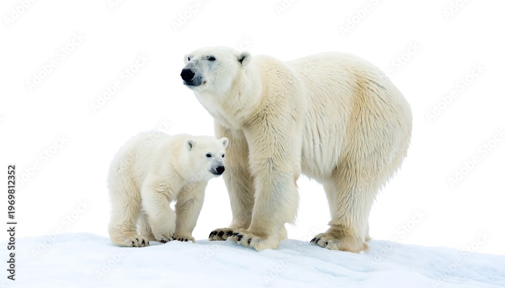 Fototapeta premium A majestic adult mammal stands beside its cub on a snowy surface against a stark white backdrop, embodying strength and youth