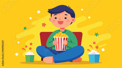 A cheerful boy sitting cross-legged with a bucket of popcorn, enjoying a movie with popcorn scattered around him