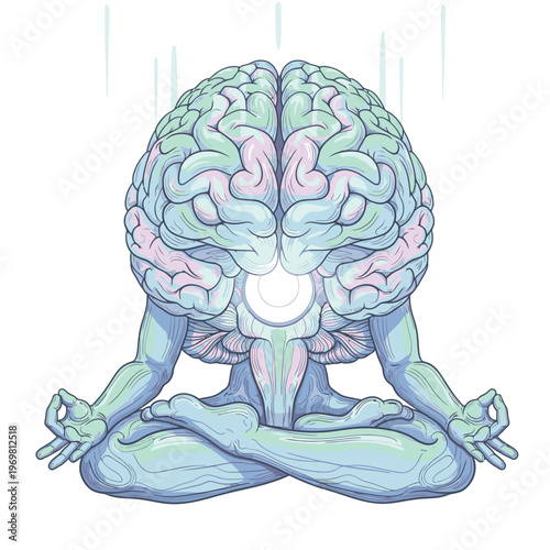 Brain meditating in lotus position calm.