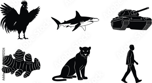 Black silhouette collection with rooster, shark, military tank, coral reef, panther wild cat and walking man vector illustration set