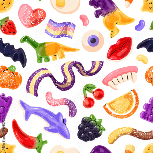 Repeatable pattern of different jellies- bears, worms, dolphins, dinos, strips. Endless background of sweet and sour gummy candies. Fruit marmalade, gelatin treat. Flat seamless vector illustration