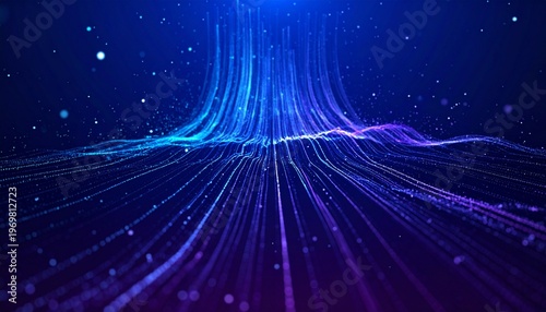 Luminous data streams cascading through a deep gradient background with shimmering particles and soft neon accents