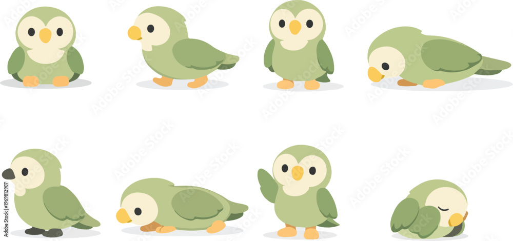 Obraz premium Birds Vector Illustration Set of 8 Cute Poses Sitting, Walking, Standing, Sniffing, Flapping, Resting, Clean Flat Cartoon Style, Modern Design, High-Resolution Artwork