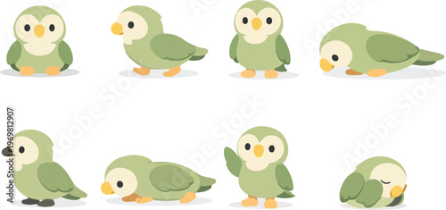 Birds Vector Illustration Set of 8 Cute Poses Sitting, Walking, Standing, Sniffing, Flapping, Resting, Clean Flat Cartoon Style, Modern Design, High-Resolution Artwork
