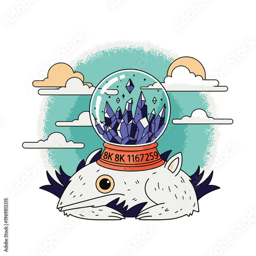 Fantasy creature with crystal ball landscape.