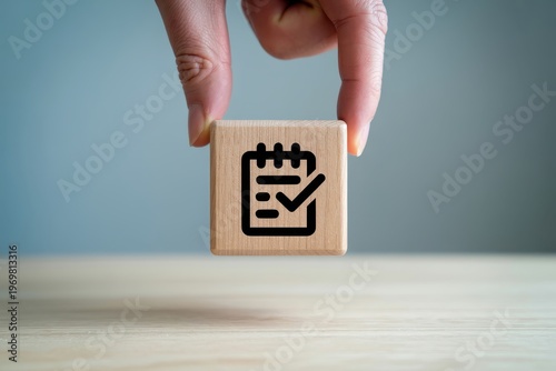 Hand Holding Wooden Block With Checklist Icon On Table For Task Management Concepts