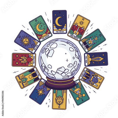 Crystal ball with tarot cards astrology.