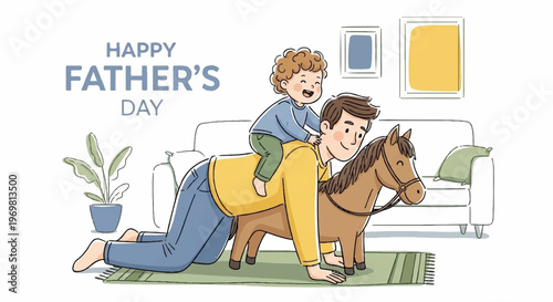 Father playing horse with son in living room illustration