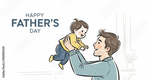 Father lifting baby boy in air happy drawing