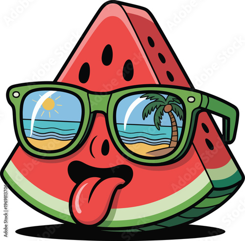 Cartoon watermelon wearing green sunglasses with beach reflection isolated on white background
