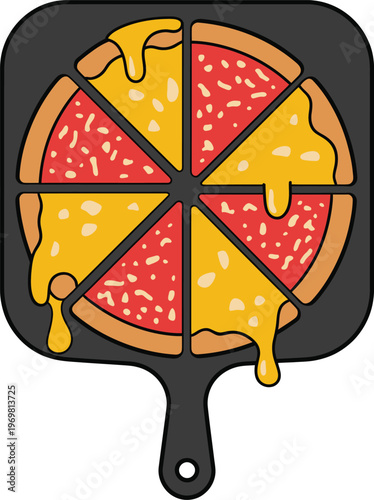 Delicious cheese and tomato pizza on a baking pan sliced into six pieces melting cheese