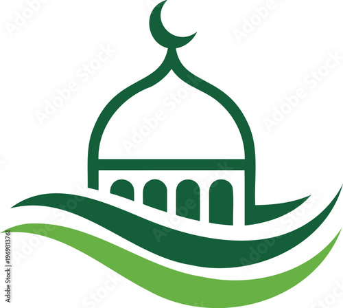 Green mosque icon with crescent moon and wavy lines design element symbol
