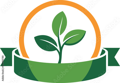 Green plant sprout with leaves in orange circle and green ribbon banner symbol  eco friendly logo design