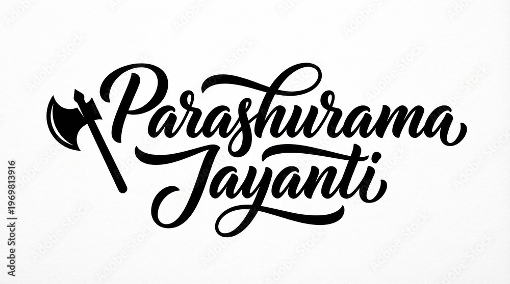 Obraz premium Parashurama Jayanti Black Calligraphy Typography with Axe Letter P Luxury Minimal White Background