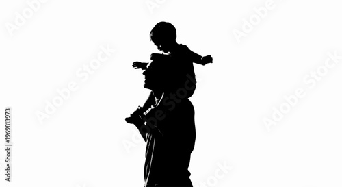 Silhouette of father carrying child on shoulders white