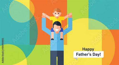 Father carrying child on shoulders abstract shapes