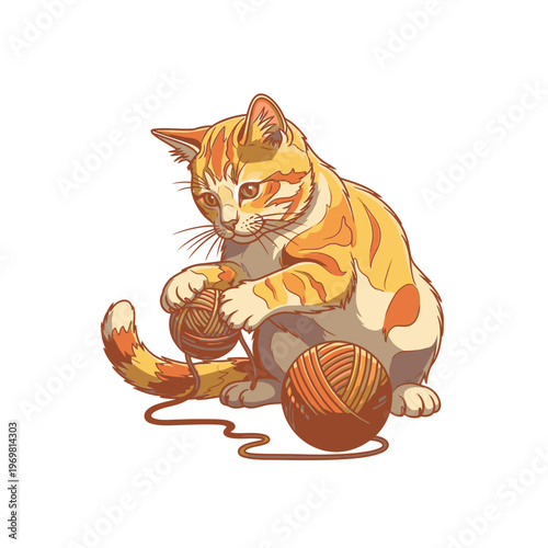 Orange cat playing with yarn balls.