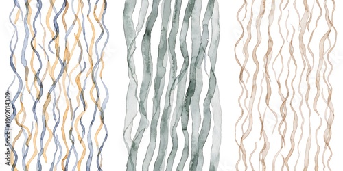 Minimalist Watercolor Vertical Line Triptych – Dusty Blue & Mustard Wavy Lines, Sage Green Organic Stripes, Sandy Beige Pattern on White