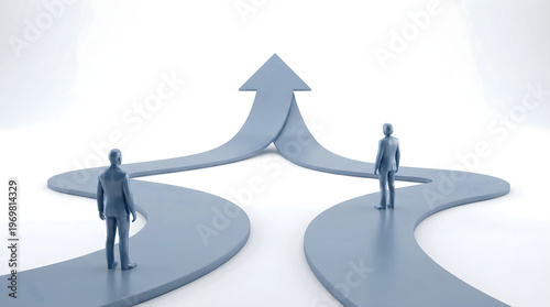 Two business people standing on converging paths merging into one large upward arrow on white background, 3d render conceptual style
