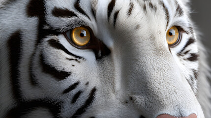 White tiger close up portrait showing detailed fur pattern and piercing eyes. Wildlife photography concept representing strength, elegance and natural beauty.