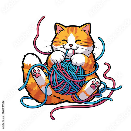 Cute cat playing with colorful yarn.