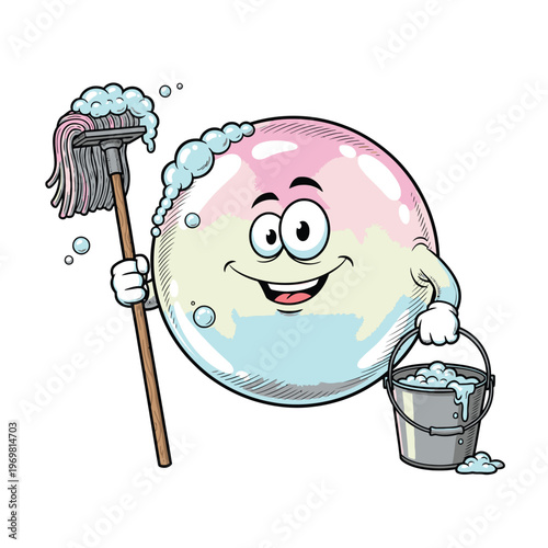 Cartoon bubble character cleaning with brush.