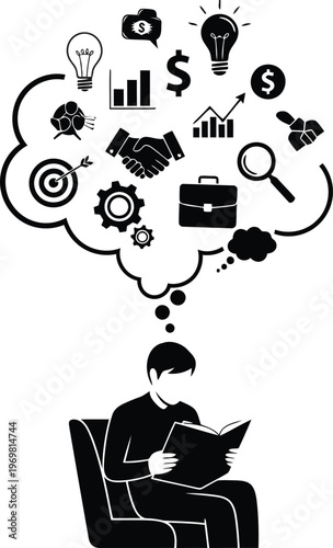 Person sitting in a chair reading a book with business and idea icons in a thought bubble above