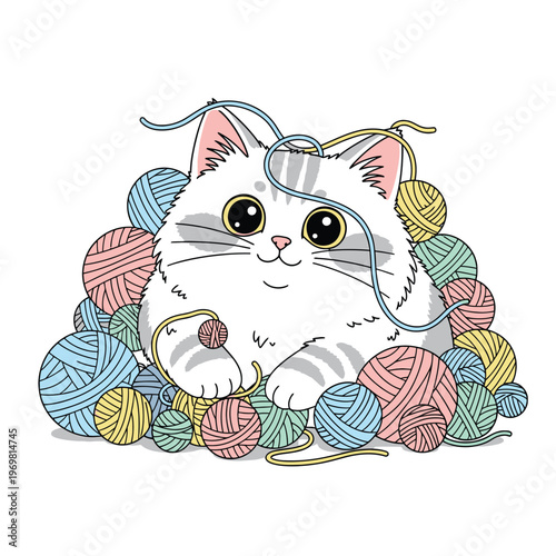 Cute cartoon cat with colorful yarn balls 1.