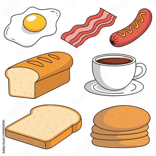 Breakfast food icon set with fried egg bacon and coffee cup vector illustration. Morning breakfast menu vector set with bread sausage and pancakes. Morning breakfast menu, cafe menu design. 