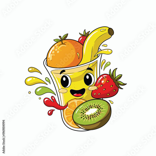 Cartoon fruit smoothie with smiling face.