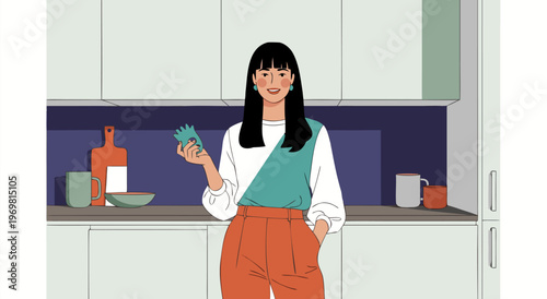 Modern vector illustration of a woman holding a bunch of herbs in a contemporary kitchen setting